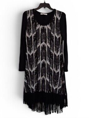 Karen Kane Print Front Fringe Women's High Low Shift Dress Black Off White SZ  L
